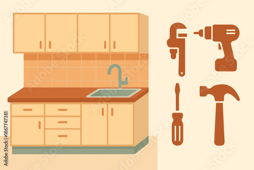 Home kitchen renovation tools with cabinets and sink illustration