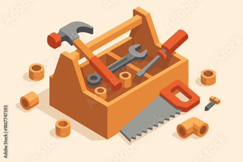 Wooden toolbox with hammer, wrench, and saw in isometric design