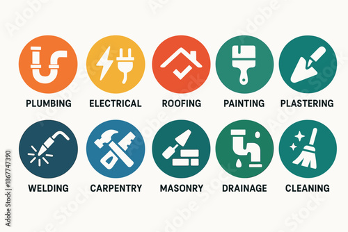 Icons representing plumbing, electrical, and other home improvement services