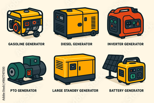 Various types of generators: gasoline, diesel, inverter, pto, large standby, battery