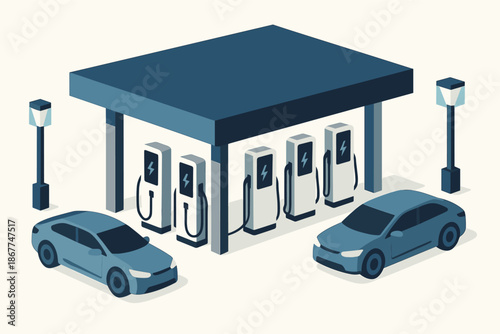 Electric cars charging at station with multiple charge points