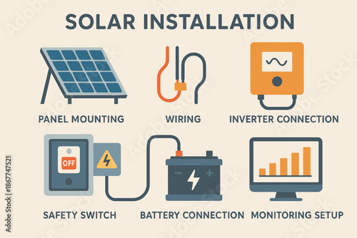 Solar installation process: panel mounting, wiring, inverter, safety, battery, monitoring