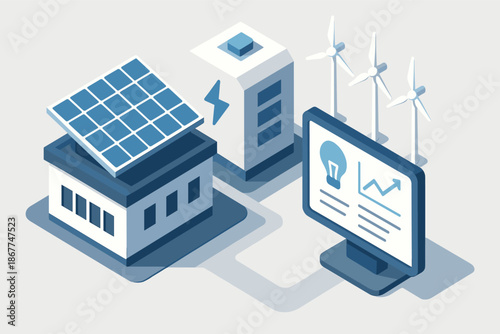 Renewable energy illustration featuring solar panels, battery storage, and wind turbines