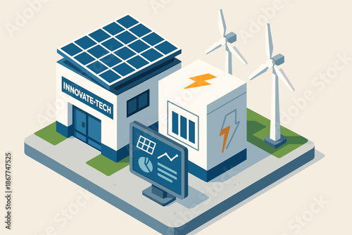 Sustainable energy hub with solar panels, wind turbines, and tech building