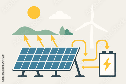 Solar panels and wind turbine illustration for renewable energy concept