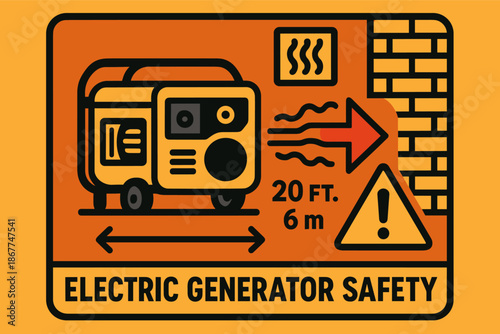 Electric generator safety sign with distance warning and hazard symbols