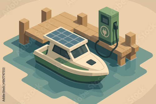 Solar-powered boat docked at wooden pier with electric charging station