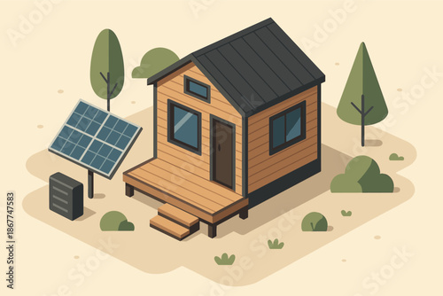 Eco-friendly tiny house with solar panel amidst nature scenery