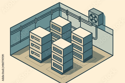 Isometric data center room with server racks and cooling system