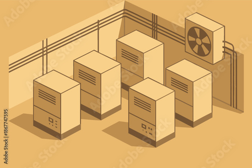 Isometric data center room with servers and cooling system