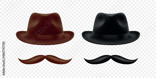 Vector 3d Realistic Hat and Mustache Set in Brown and Black. Vintage Gentleman Hat and Mustache for Barbershop, Retro Costume, Hipster Design. Hat and Mustache Illustration