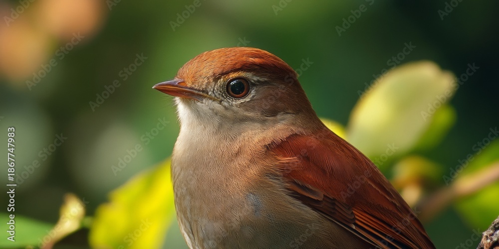 Fototapeta premium A brown songbird perched on a leafy branch with clear sky in the background.