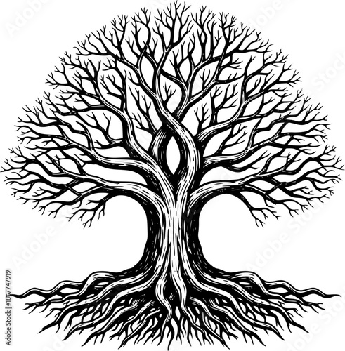 Black and white tree with branches and roots in detailed vector illustration. Vector illustration
