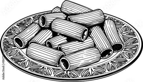 Detailed illustration of rigatoni pasta on a decorative plate in black and white. Vector illustration

