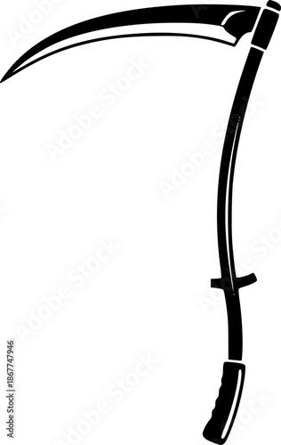 Black silhouette of a scythe with curved blade, minimalistic icon. Vector illustration
