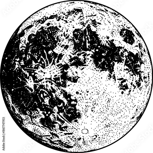 Detailed black and white moon illustration with craters, stippling technique. Vector illustration
