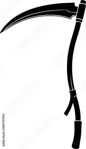 Black silhouette of a scythe with curved blade, minimalistic icon. Vector illustration
