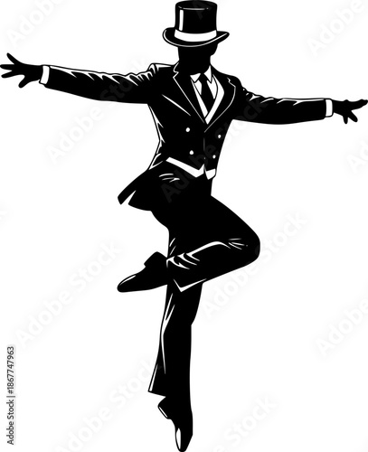 Dancer performing in suit and top hat silhouette vector illustration
