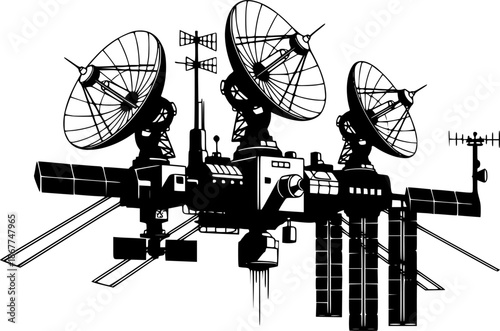 Satellite communication technology space station silhouette vector illustration
