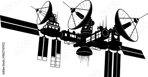 Satellite communication technology space station silhouette vector illustration
