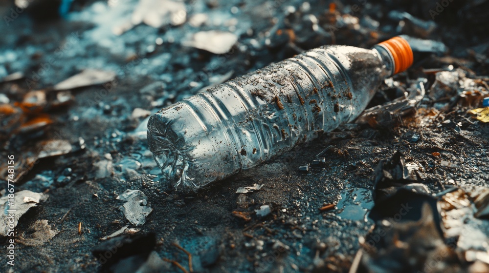 Obraz premium An empty plastic bottle abandoned on the ground in a waterway filled with pollution and debris.
