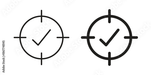 Accuracy icons in line art and flat black clipart design style