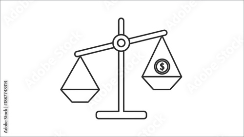 A simple line drawing depicts a balance scale with a coin on one side