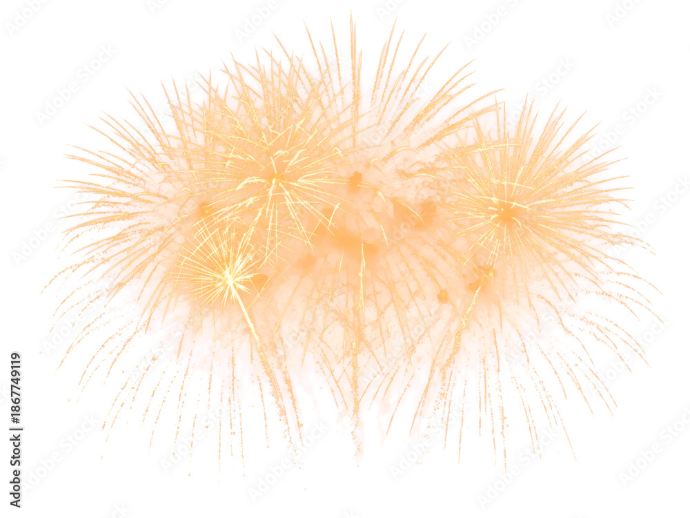 Obraz premium Golden Firework Overlay. Festival Sparkling Fireworks Isolated on Transparent Background. Effect Texture