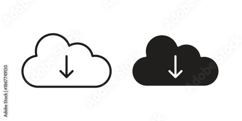 Cloud download icons in line art and flat black clipart design style