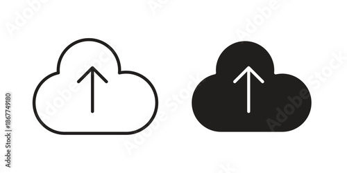 Cloud upload icons in line art and flat black clipart design style