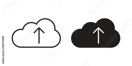 Cloud upload icons in line art and flat black clipart design style