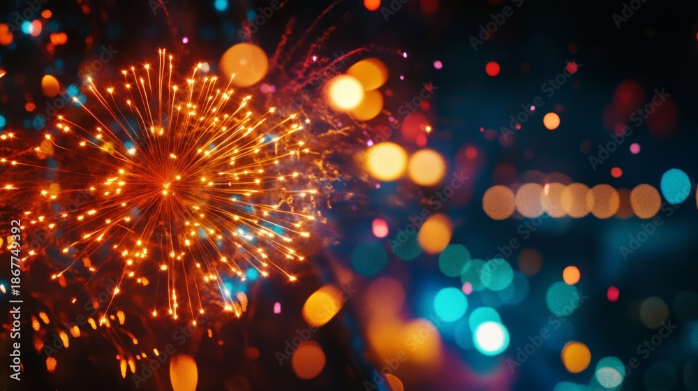 Obraz premium A captivating display of fireworks illuminating the night sky with vibrant colors and light streaks.