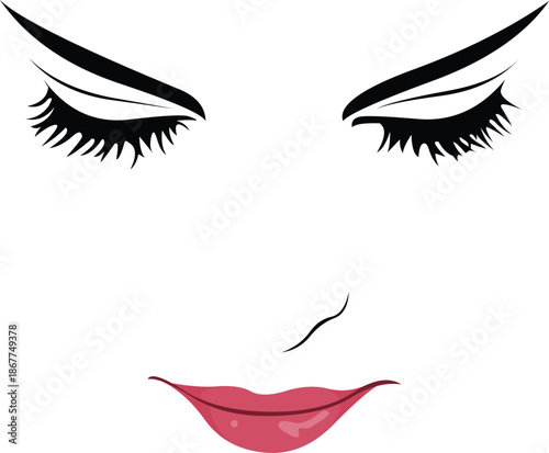 Cartoon Woman's Face with Makeup and Eyelashes