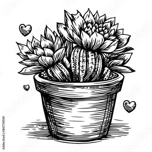 Cute hand drawn succulent plant in a pot with floating hearts in woodcut style