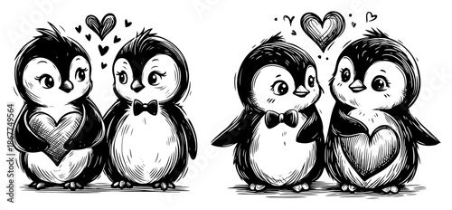 Romantic penguin couples with hearts and bow ties in cute sketch style