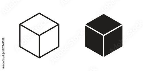 Cube icons in line art and flat black clipart design style