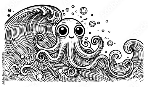 Cute cartoon octopus swimming in large ocean waves with bubbles in vintage engraving style