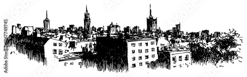 Artistic hand drawn sketch of a city skyline panorama with urban buildings