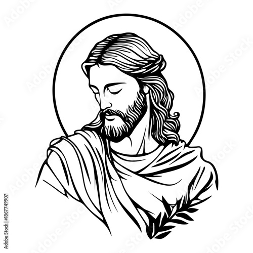 Line art illustration of Jesus Christ with a halo and palm leaf in a clean modern style
