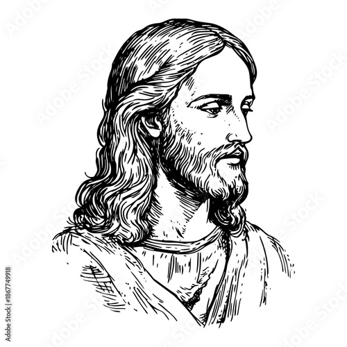 Detailed engraving portrait of Jesus Christ with a beard and long hair in classic vintage style