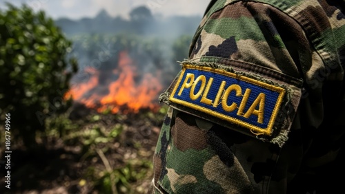 Anti-narcotics operation showing the eradication of a cocaine plantation by fire.