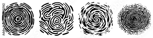 Set of abstract circular spiral patterns resembling fingerprints or wood grain textures