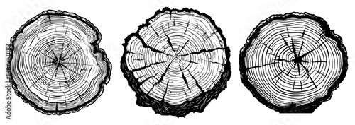Set of three detailed wood cross sections showing annual growth rings in a vintage engraving style