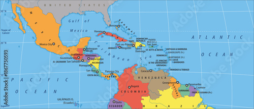 Vector political world map. Fragment of geographical atlas with usa, venezuela, cuba, mexico,
gulf of mexico, bahamas, jamaica, haiti, 
dominican republic,
caribbean sea, caracas, colombia, brazil. 