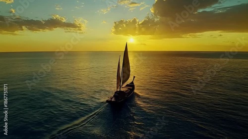 A wooden sailboat with two sails navigates vast ocean waters during a beautiful golden sunset.