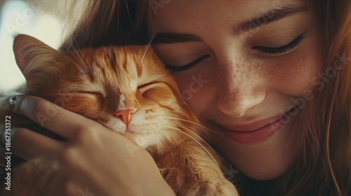 A red-headed woman with freckles gently cuddling a brown tabby cat.