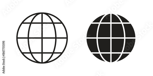 Globe icons in line art and flat black clipart design style