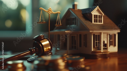Model home scene featuring legal symbols of justice and a vintage house in shadowy lighting