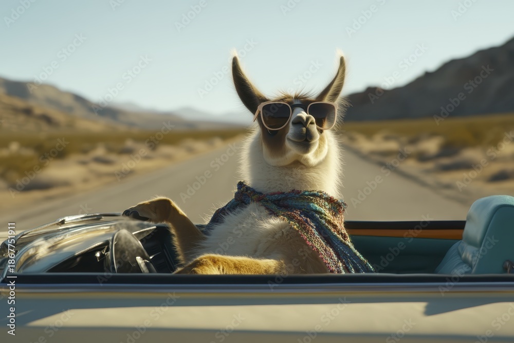 Fototapeta premium Stylish llama enjoys scenic desert drive in convertible under blue skies