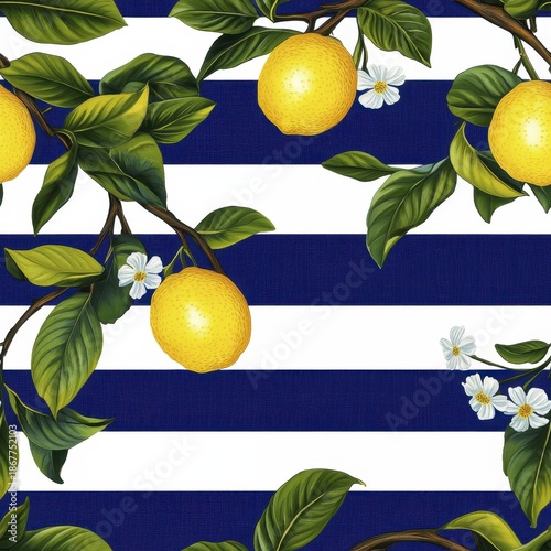 Fresh lemons and leaves on navy and white striped background